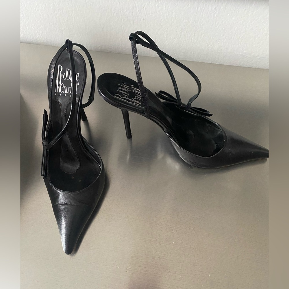 RODOLPHE MENUDIER CLASSIC STILETTO BLACK LEADER, SIZE 7.5 (37.5) SANDAL SHOE